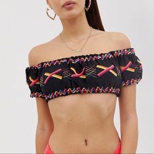 NWOT embroidered off shoulder bikini top